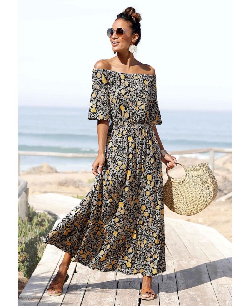 Women's Viscose Floral Print Off Shoulder A-Line Maxi Dress