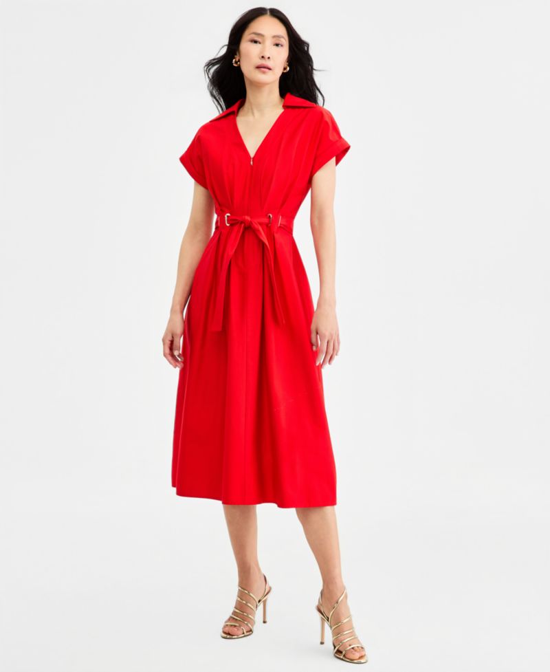 Women's Collared Belted Grommet-Waist Midi Dress