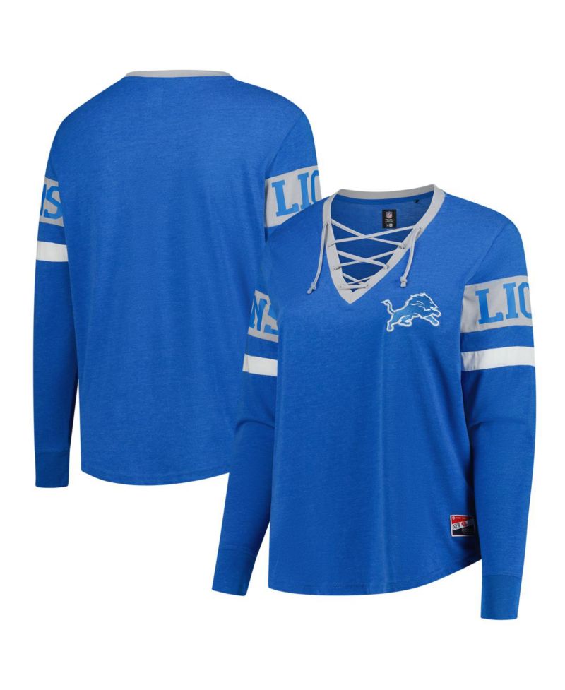 Women's Blue Detroit Lions Plus Size Throwback Lace-Up Long Sleeve T-Shirt
