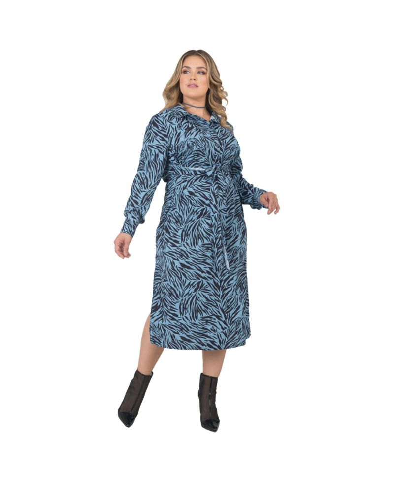 Plus Size Long Sleeve Zebra Print Tie-Front Midi Shirt Dress