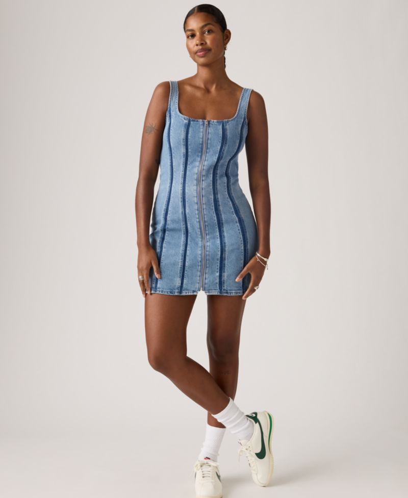 Premium Women's Seamed Figure Hugging Slim Fit Square Neck Cotton Dress