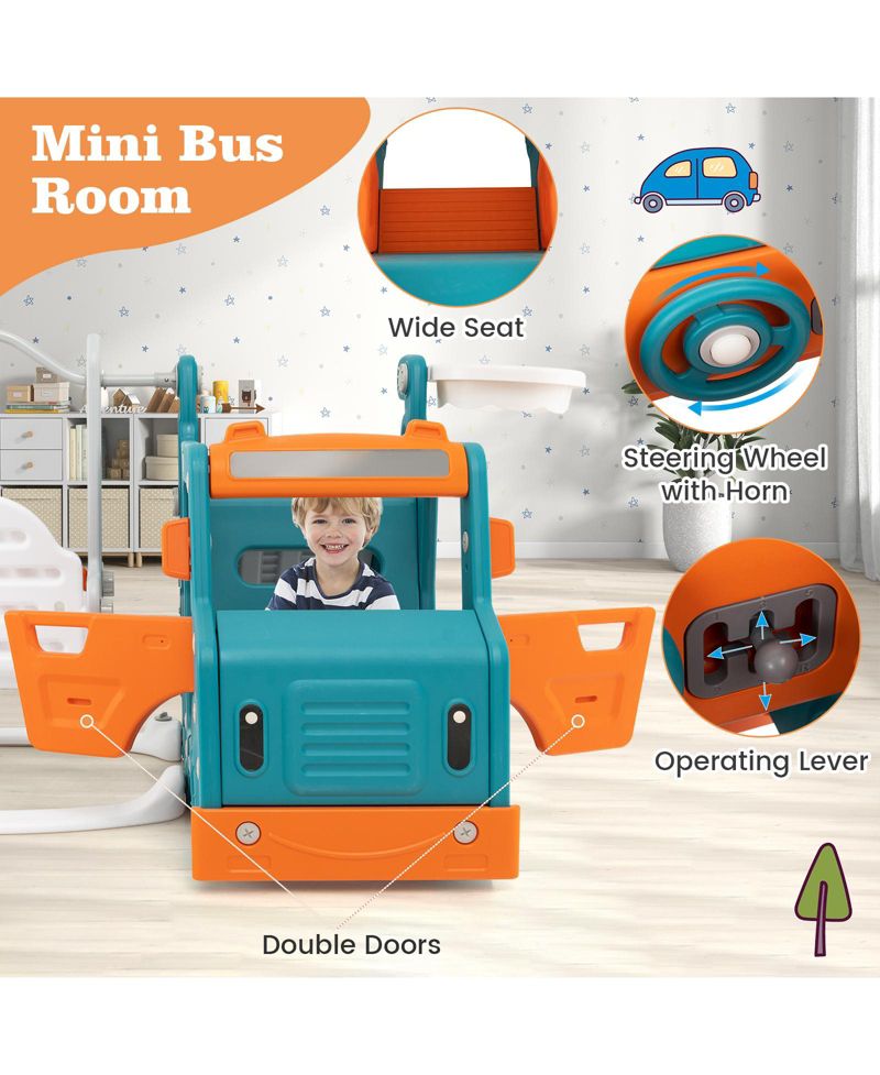 Kids' 5-in-1 Slide and Swing Set with Mini Bus and Basketball Hoop
