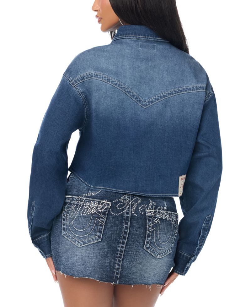 Women's Long-Sleeve Crop Crystal Denim Shirt