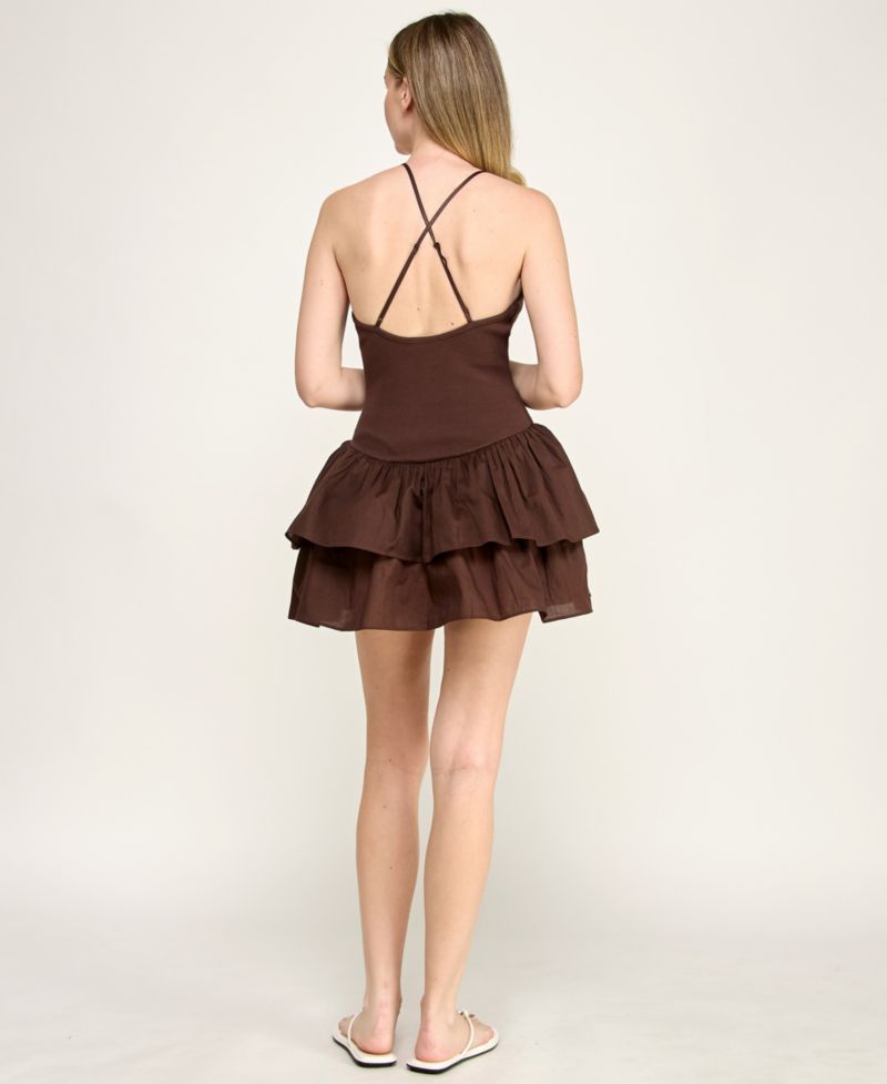 Juniors' Knit to Woven Halter V-Neck Tiered Mini Dress