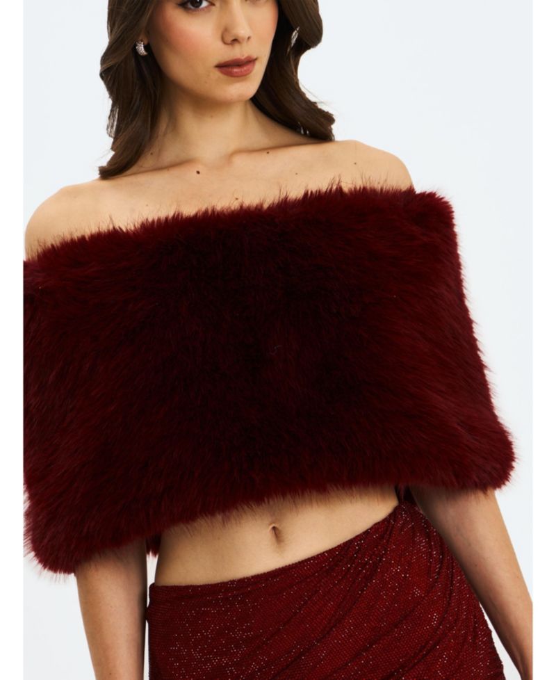 Women's Darla Burgundy Faux Fur Off-Shoulder Cropped Top