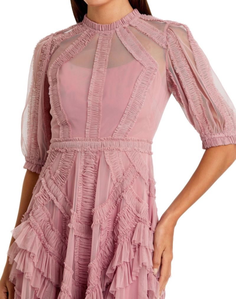 Petite High Illusion Neck Ruffle Tiered A-Line Midi Dress