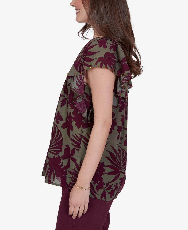 Petite Tropical Print Gauze Flutter-Sleeve Top