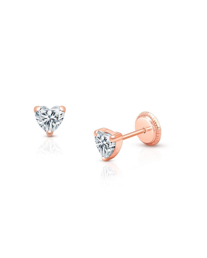 14K Gold Clear Heart Stud Screw Back Earrings