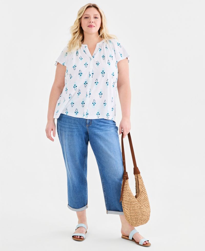 Plus Size Printed Button-Front Flutter-Sleeve Top
