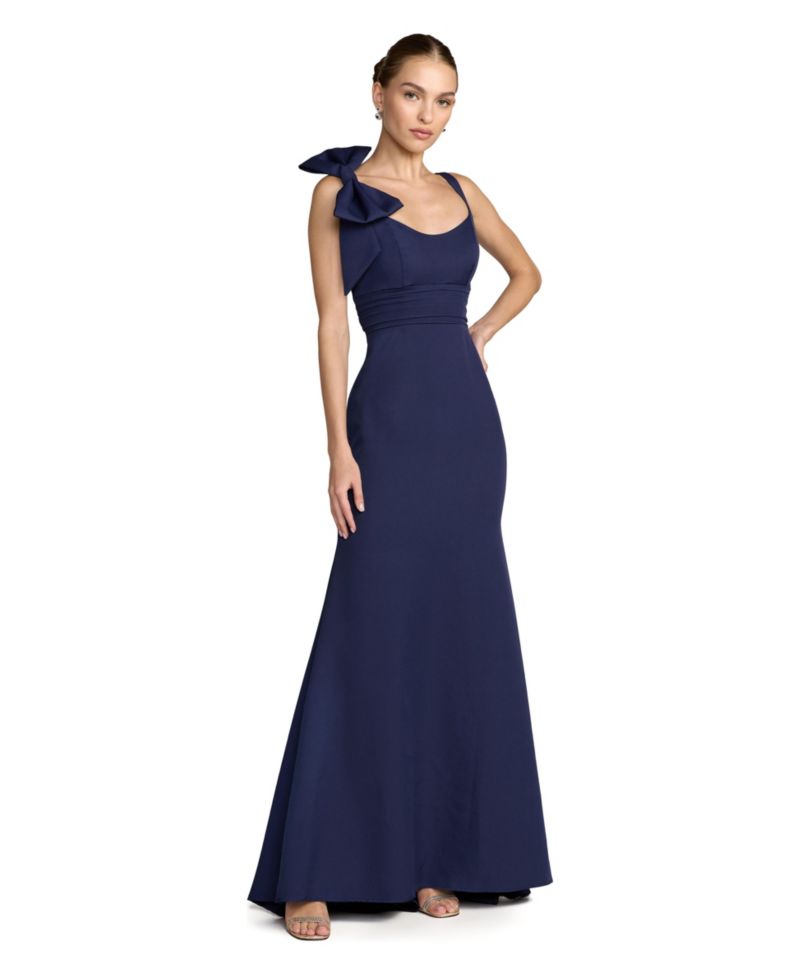 Petite Sleeveless Crepe Gown with Scoop Neck and Bow Detail