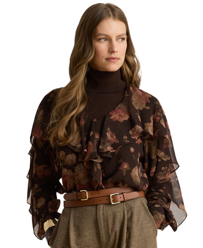 Petite Floral Ruffle-Trim Chiffon V-Neck Blouse