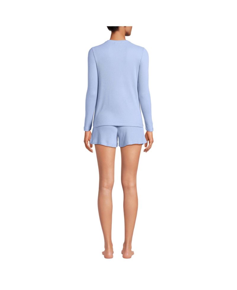 Women's Cozy Brushed Rib 2 Piece Pajama Set - Long Sleeve Top and Shorts
