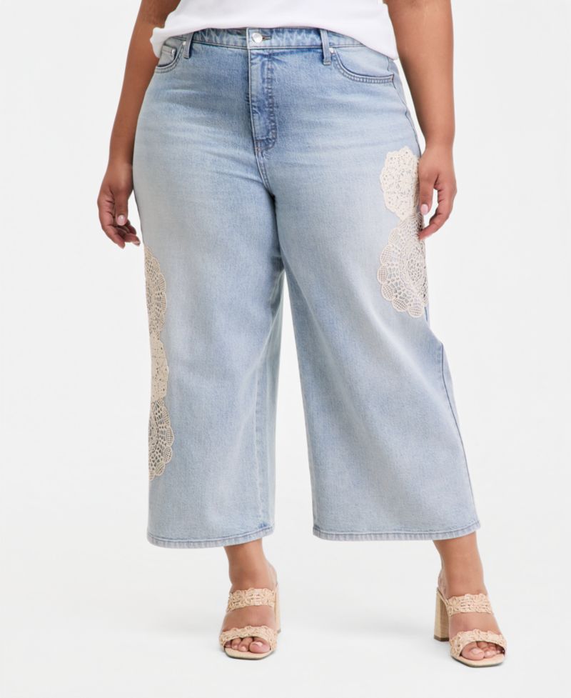 Trendy Plus Size Wide-Leg Doily-Accent Jeans