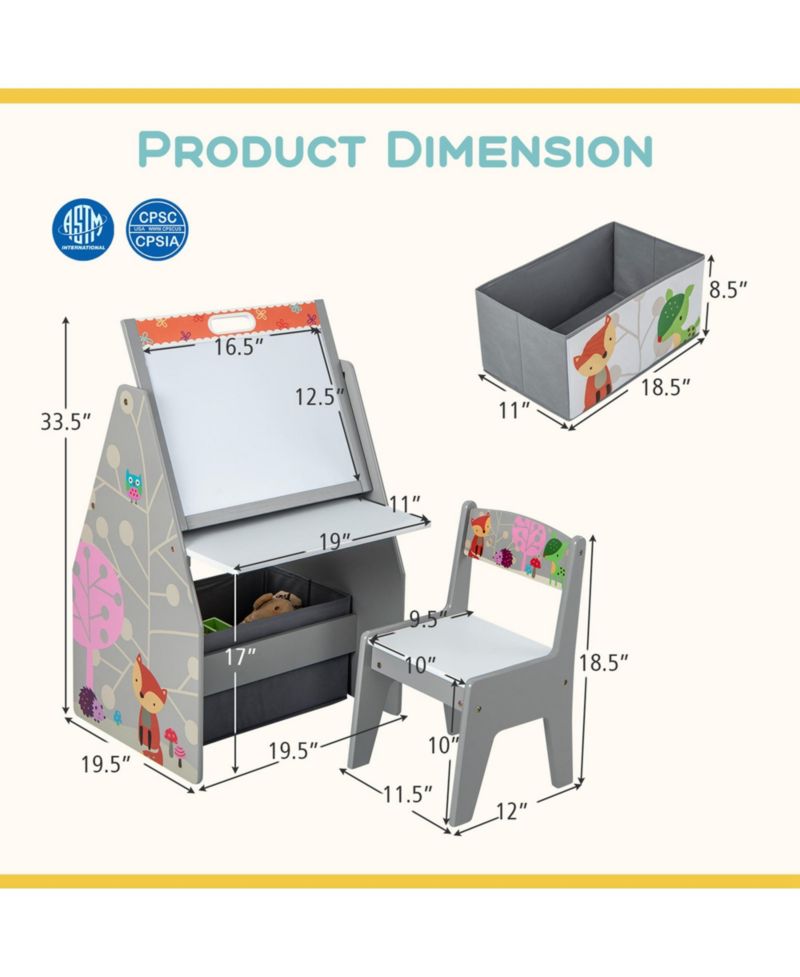 Kids Table & Chair Set with Rotatable Double-sided Magnetic Blackboard & Whiteboard