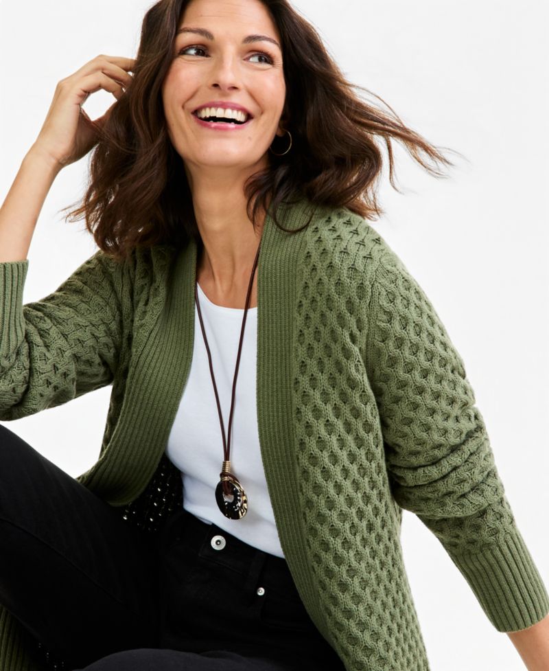 Petite Honeycomb-Knit Open-Front Long Cardigan