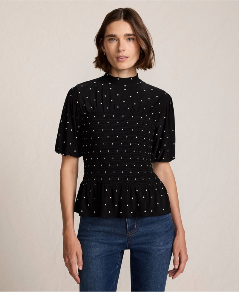 Women's Bubble Sleeve Silky Knit Smocked Mock Neck Top