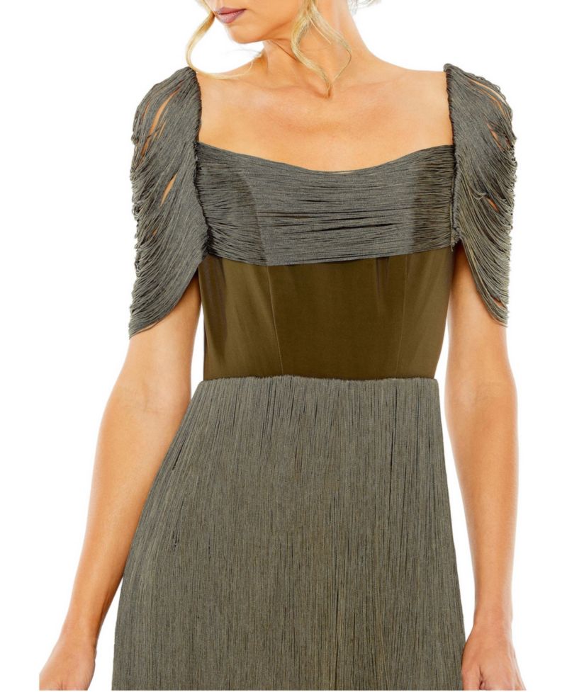 Women's Short Sleeve Fringe Detailed Midi Dress