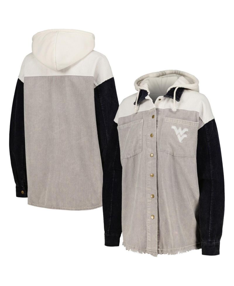 Women's Gray/Navy West Virginia Mountaineers Vintage Wash Corduroy Full-Snap Hooded Shacket