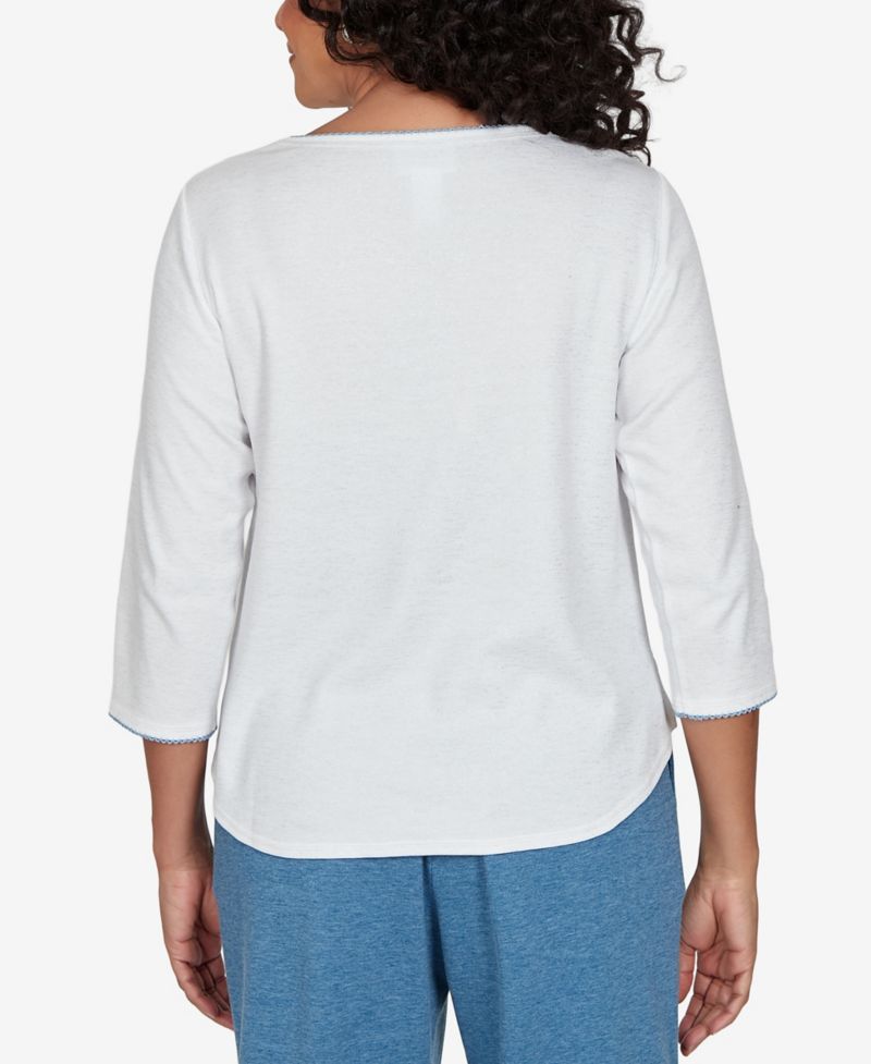 Women's Knit 3/4-Sleeve Crewneck Floral-Embroidered T-Shirt
