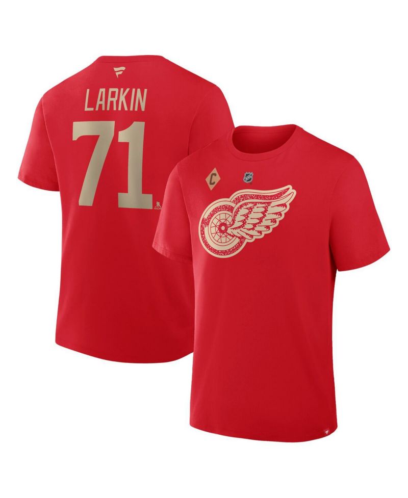 Men's Dylan Larkin Red Detroit Red Wings Captain's Patch Centennial Authentic Stack Name & Number T-Shirt