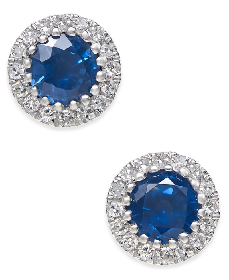 Sapphire (5/8 ct. t.w.) and Diamond (1/10 ct. t.w.) Stud Earrings in 14k White Gold (Also Available in Ruby and Emerald)