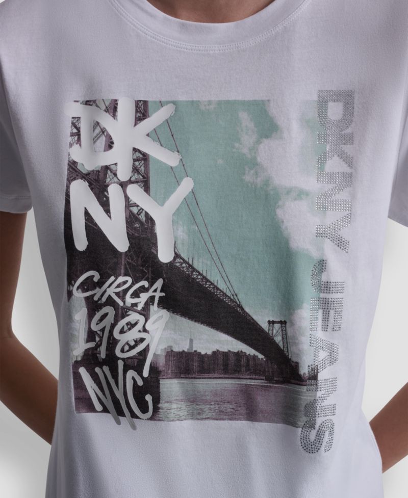 Women's Rhinestone Graffiti Logo Crew Neck T-Shirt