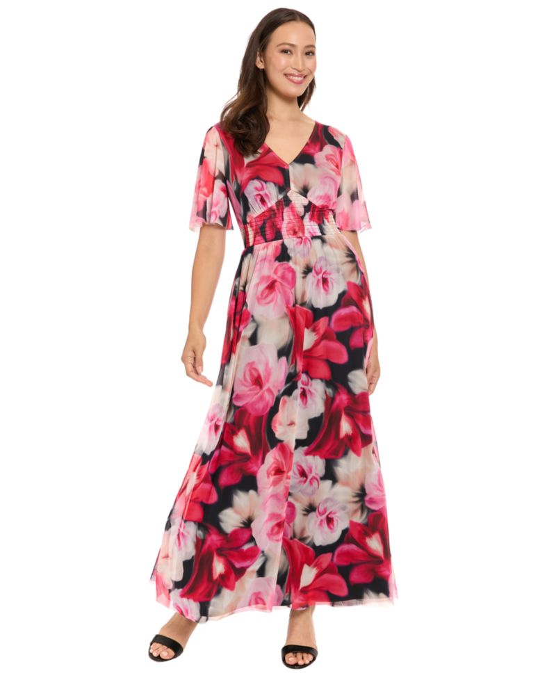 Women's V-Neck Smocked Flutter-Sleeve Maxi Dress