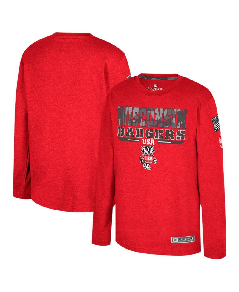 Big Boys and Girls Heather Red Wisconsin Badgers OHT Military Appreciation Oorah Long Sleeve T-Shirt