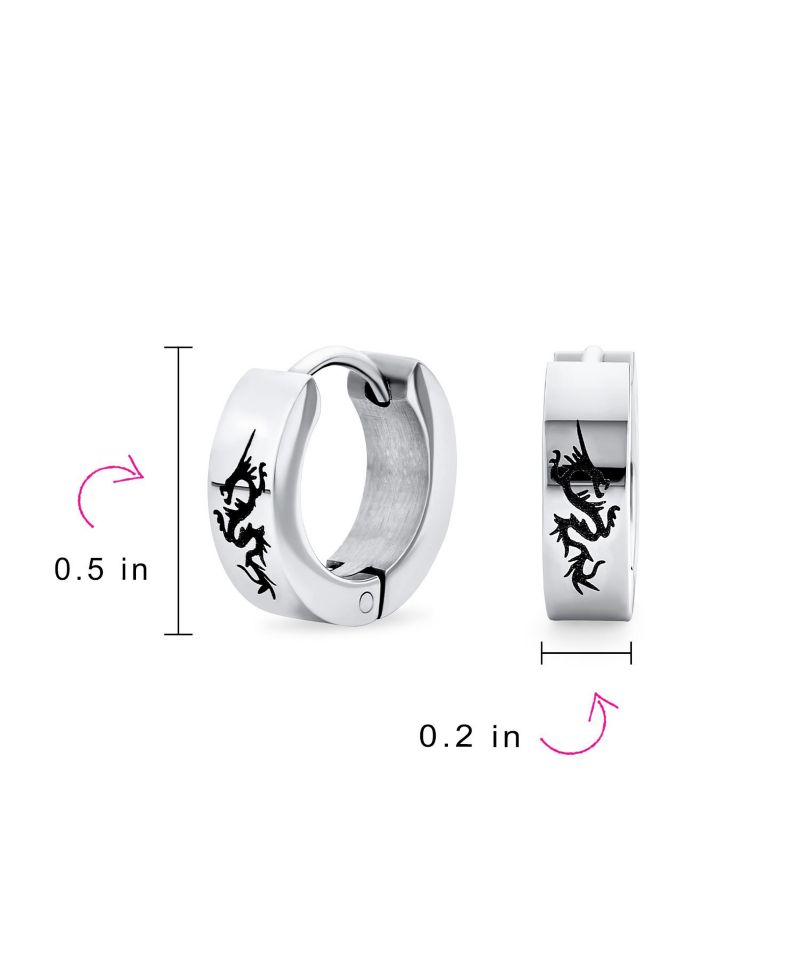 Asian Dragon Mini Hoop Huggie Earrings Silver Tone Stainless Steel