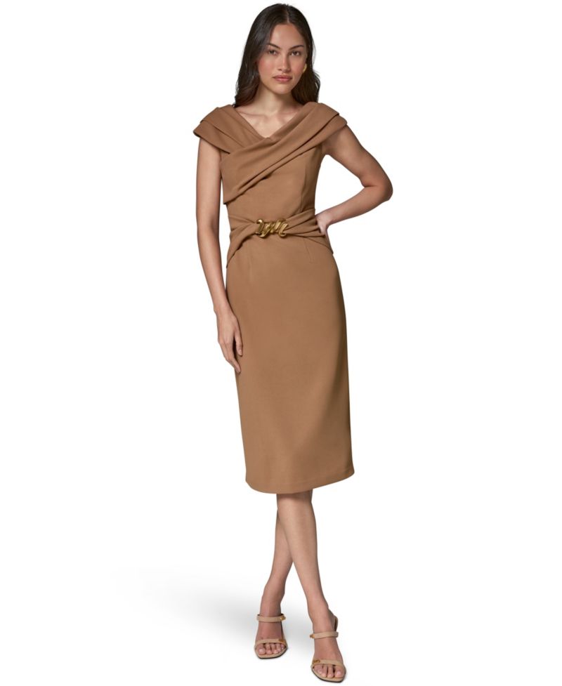Women's Portrait Neck Sheath Midi Dress With Hardware