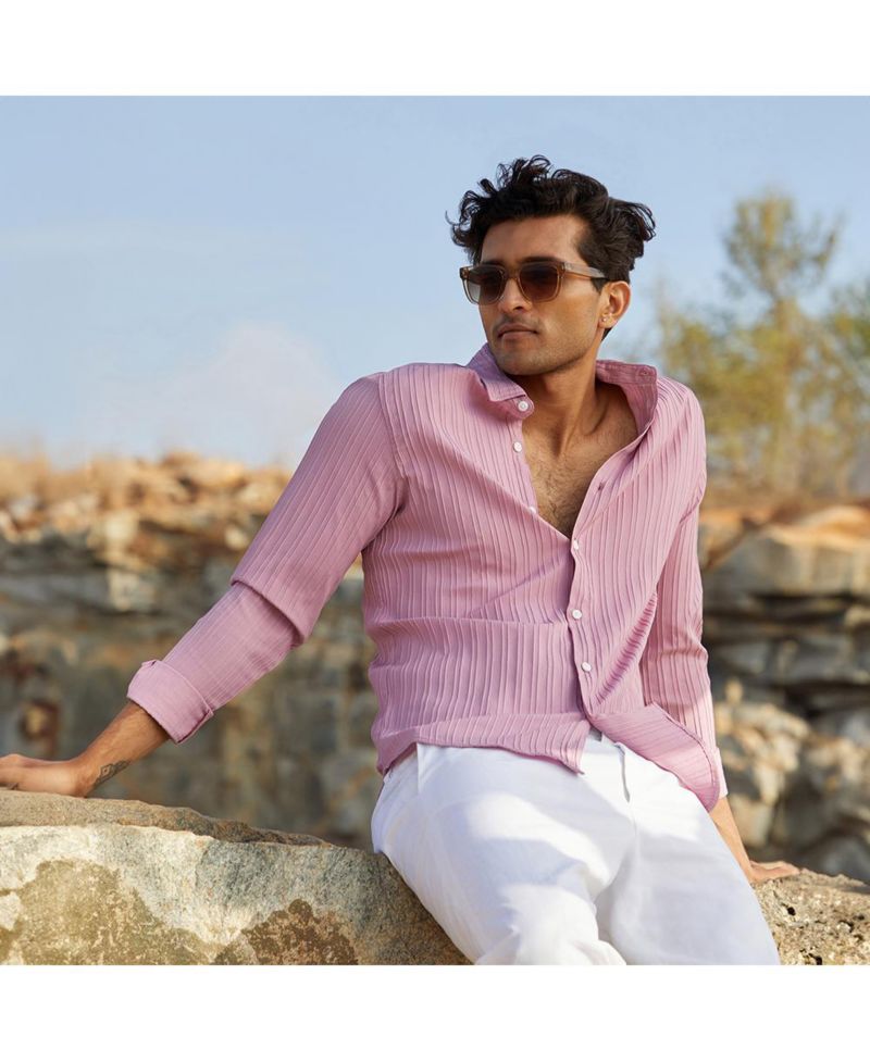 Men's Salmon Pink Self-Design Striped Shirt