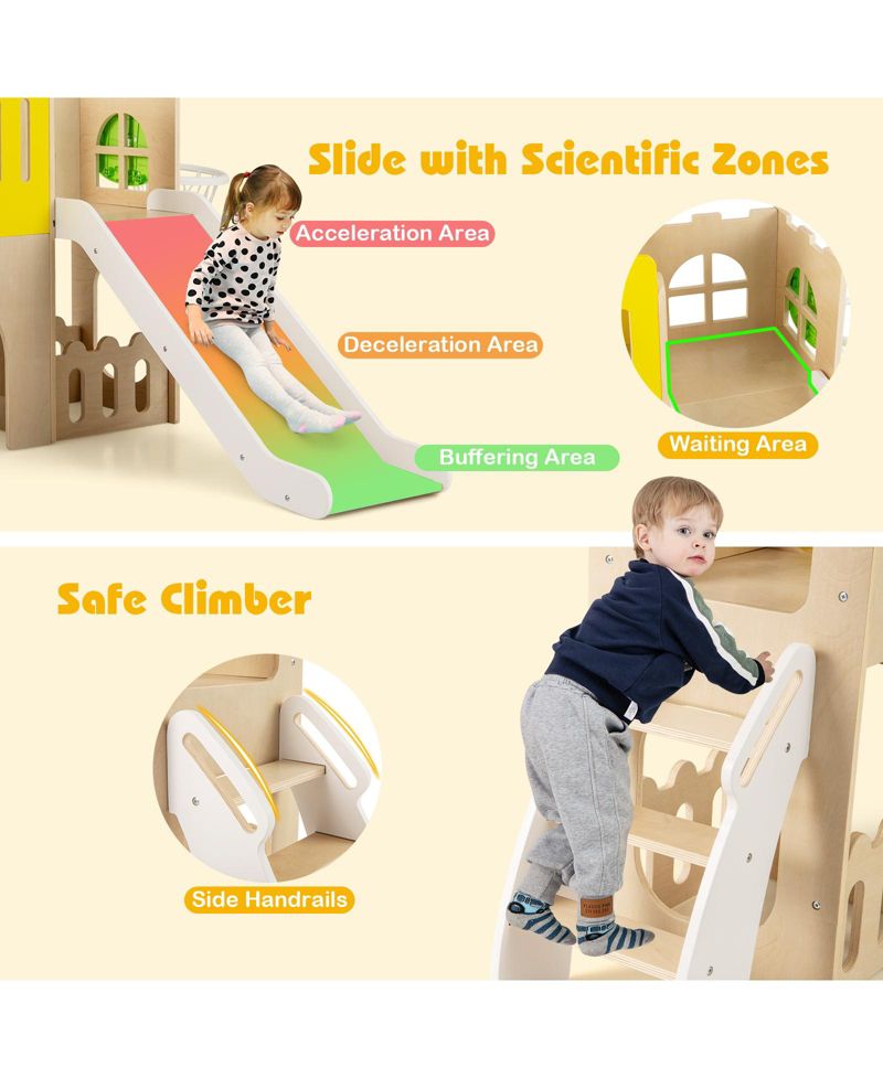 7-in-1 Toddler Slide Set Wooden Castle-Shaped Activity Center