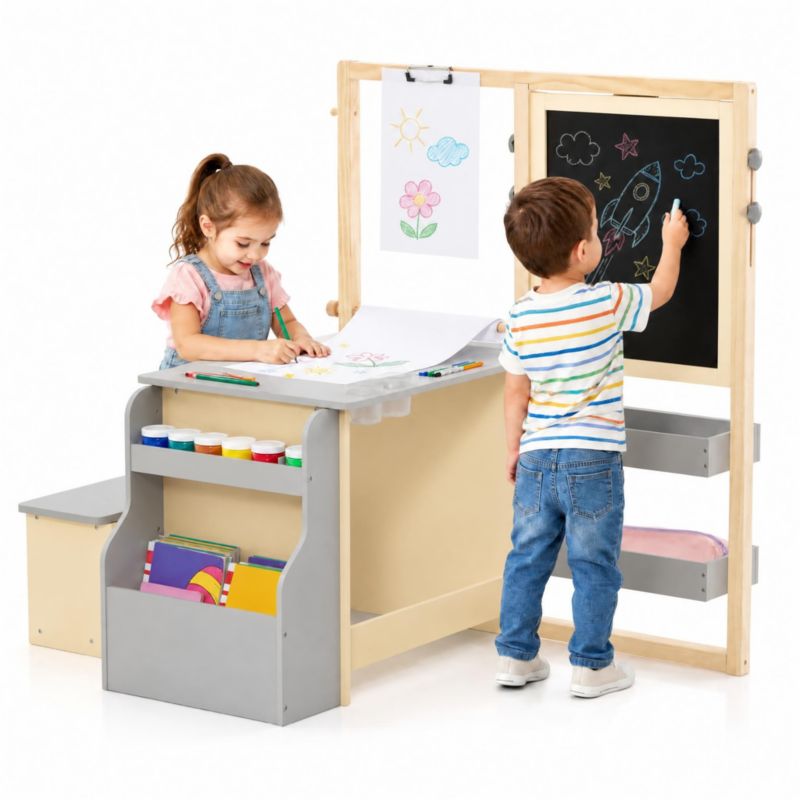 Ages 3+ Double-Sided Adjustable Storage Kids Art Center Wooden Table Bench Set