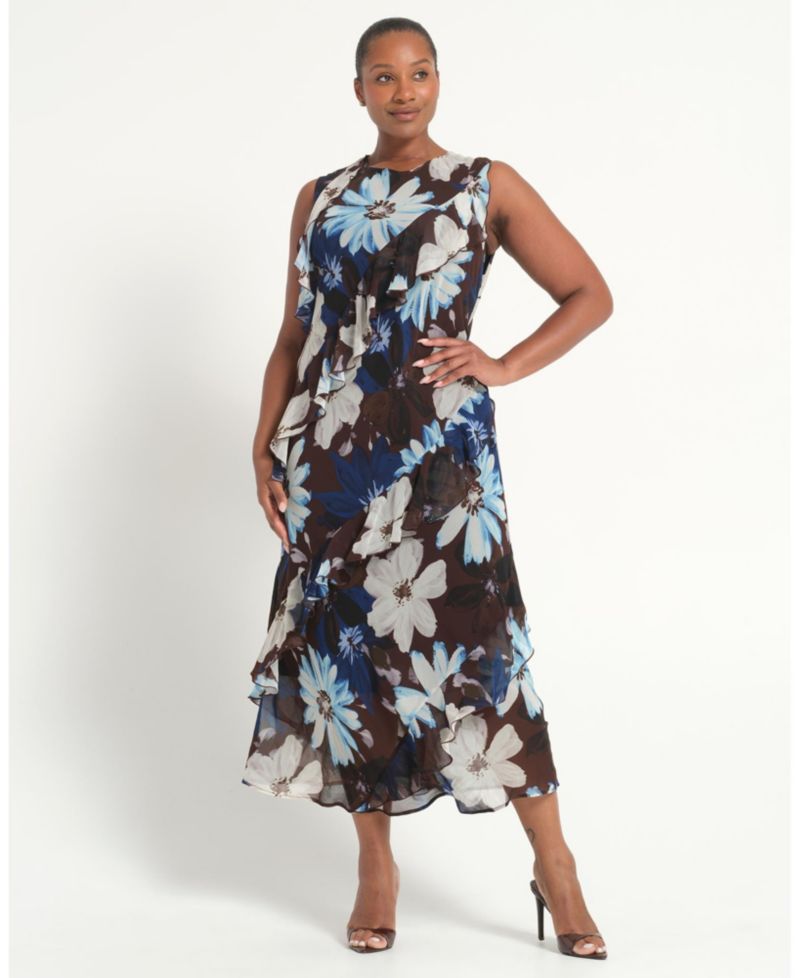 Plus Size Aveline Floral Ruffle Sleeveless Midi Dress