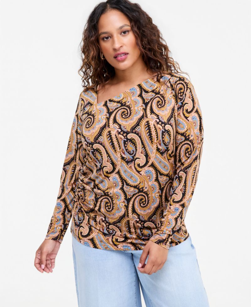 Plus Size Ruched Asymmetrical-Neckline Long-Sleeve Blouse