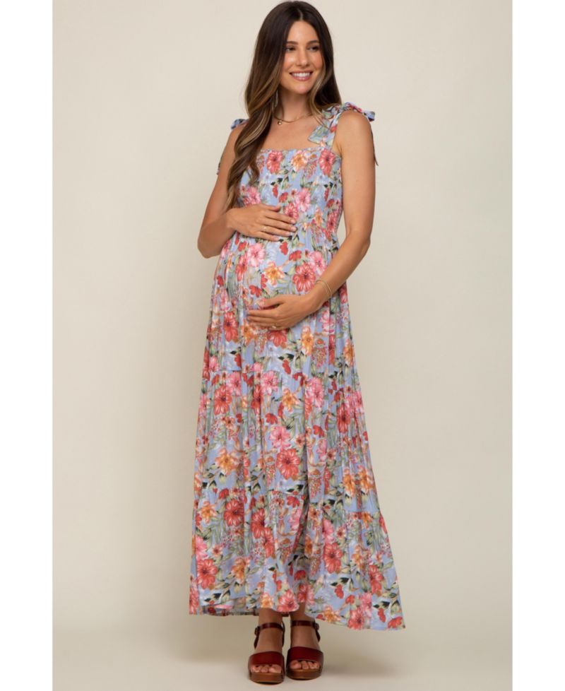 Women's Cream Floral Smocked Shoulder Tie Tiered Maxi Dress