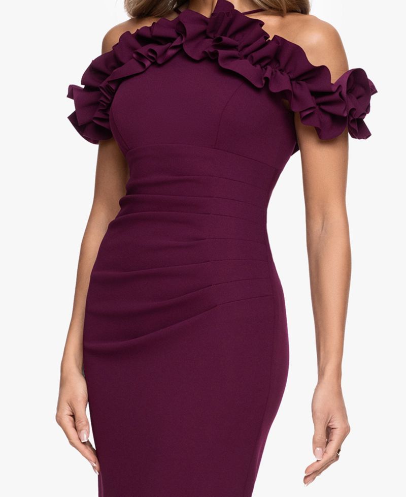 Petite Halter-Strap Ruffled Gown