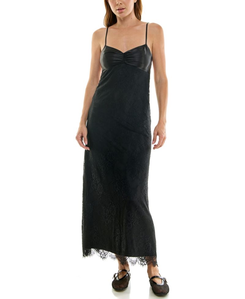 Juniors' Lace and Satin Maxi Slip Dress