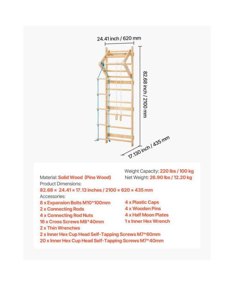 4 in 1 Swedish Ladder Wall Gym with Gym Rings and Pull Up Bar