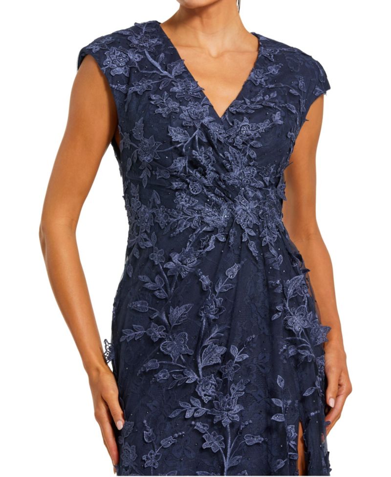 Women's Faux Wrap Embroidered Cap Sleeve Gown