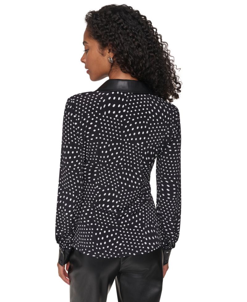 Women's Long-Sleeve Twist-Front Polka-Dots Blouse