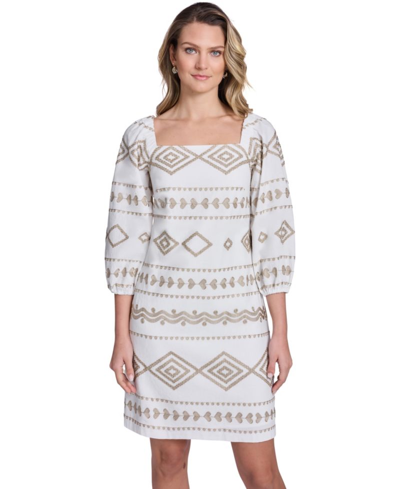 Petite Embroidered Square Neck Shift Dress