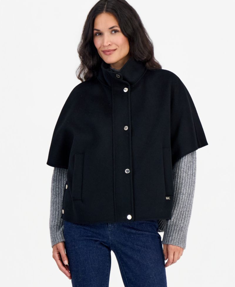 Women's Short Funnel-Neck Wool-Blend Cape Coat