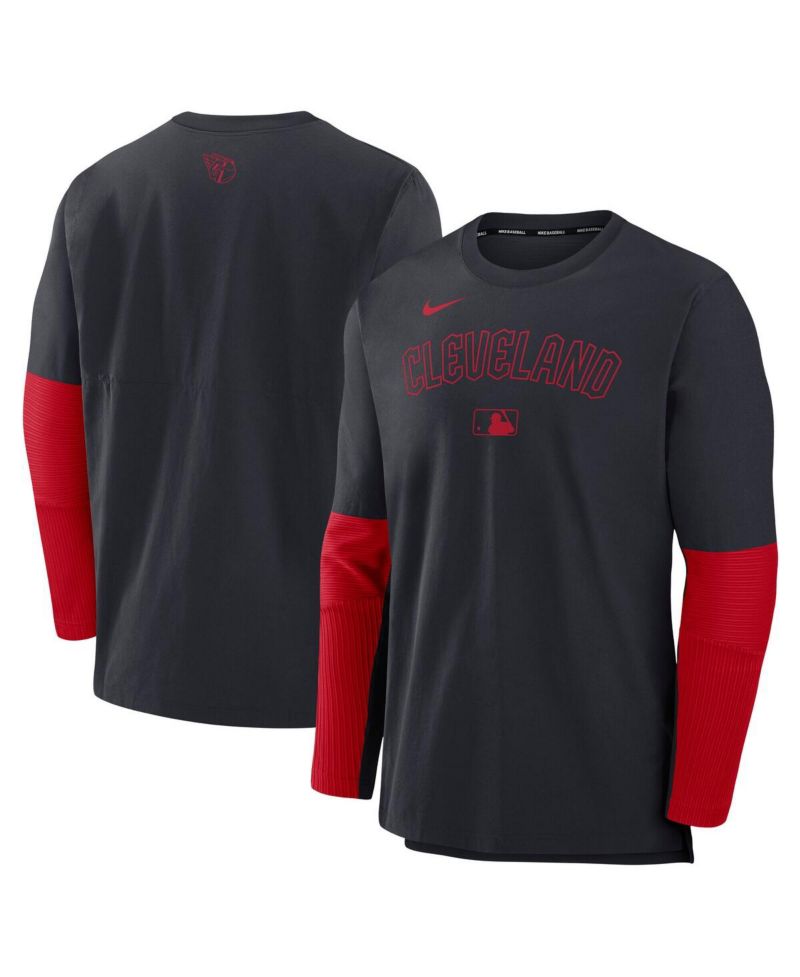 Men's Navy/Red Cleveland Guardians Authentic Collection Lightweight Player Tri-Blend Performance Pullover Sweatshirt