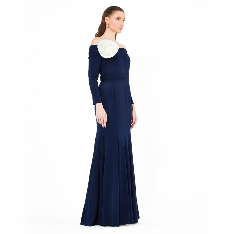 Off-The-Shoulder Long Sleeved Crepe Gown
