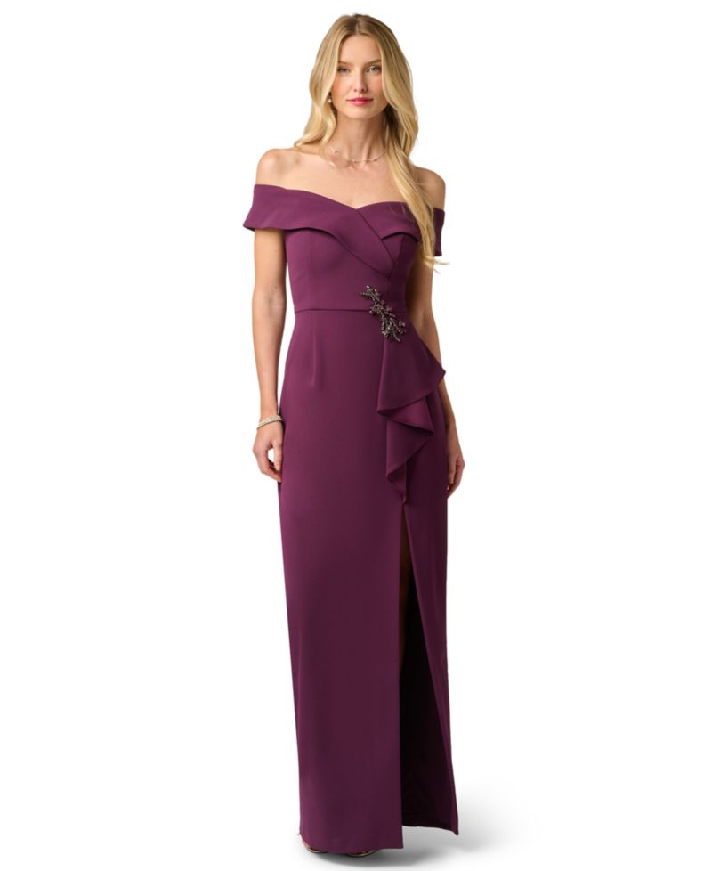 Women's Off-the-Shoulder Column Ruffle Gown