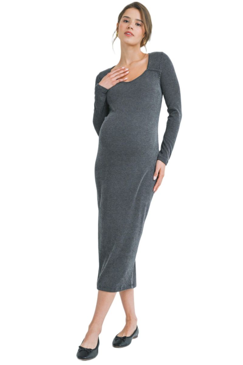 Maternity Sweatheart Long Sleeve Back Slit Ribbed Midi Dress