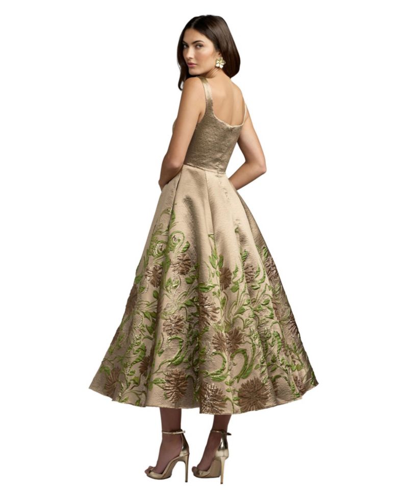 Women's Embroidered Floral A-Line Square Neck Midi Dress