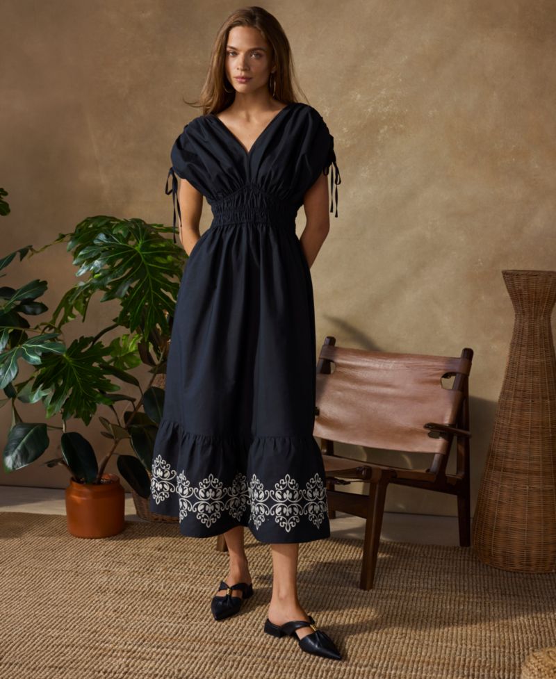 Women's V-Neck Embroidered Hem Midi Dress