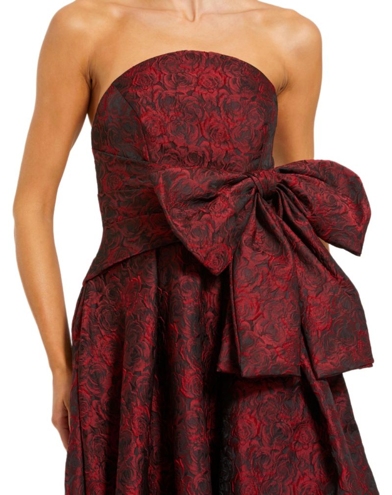 Women's Bow Detail Strapless Floral Brocade Evening Gown
